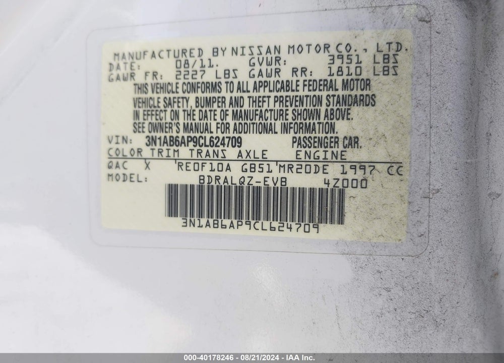 2012 NISSAN SENTRA 2.0 VIN: 3N1AB6AP9CL624709
