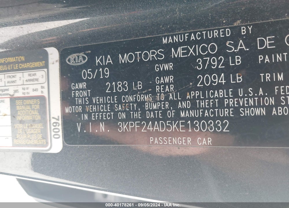 2019 KIA FORTE FE VIN: 3KPF24AD5KE130332