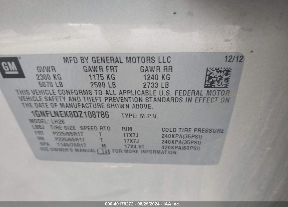 2013 CHEVROLET EQUINOX 2LT VIN: 1GNFLNEK8DZ108786