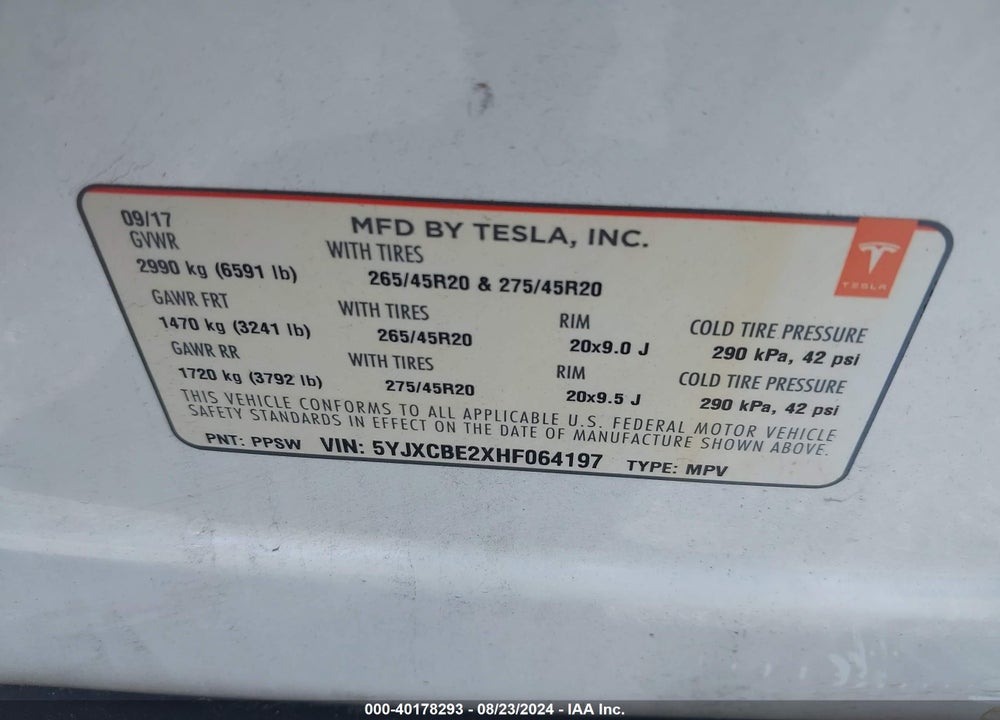 2017 TESLA MODEL X 100D/75D/90D VIN: 5YJXCBE2XHF064197