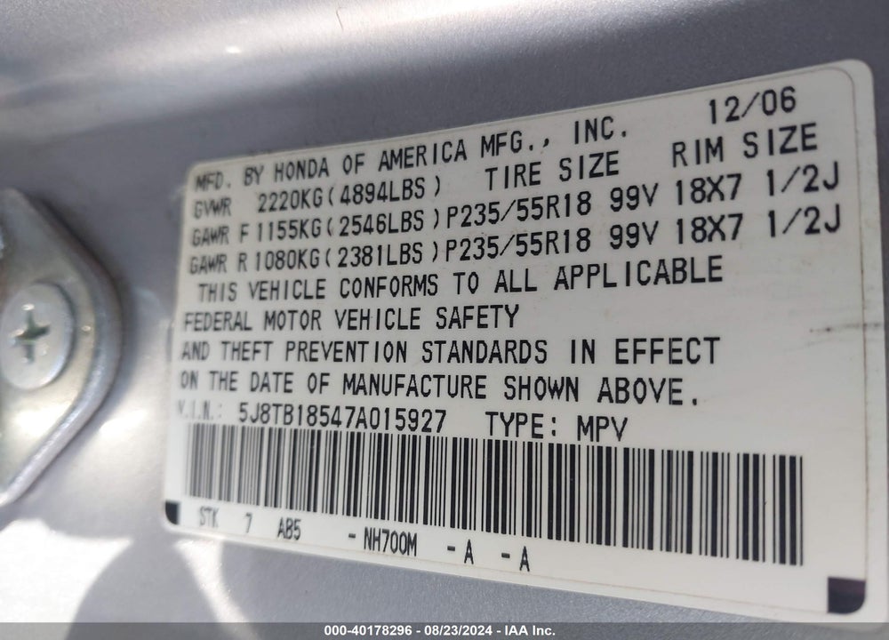 2007 ACURA RDX VIN: 5J8TB18547A015927