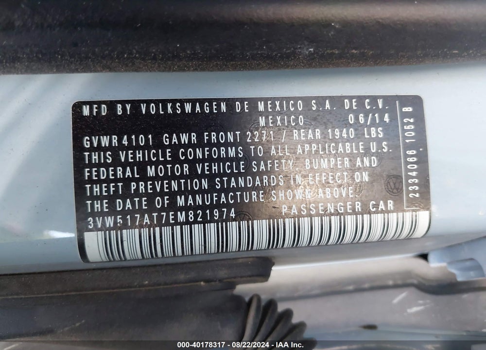 2014 VOLKSWAGEN BEETLE 1.8T VIN: 3VW517AT7EM821974
