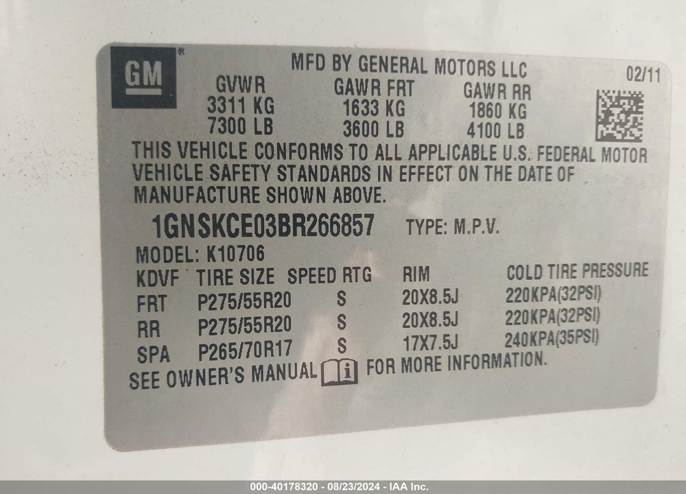 2011 CHEVROLET TAHOE LTZ VIN: 1GNSKCE03BR266857