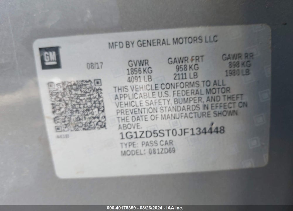 2018 CHEVROLET MALIBU LT VIN: 1G1ZD5ST0JF134448