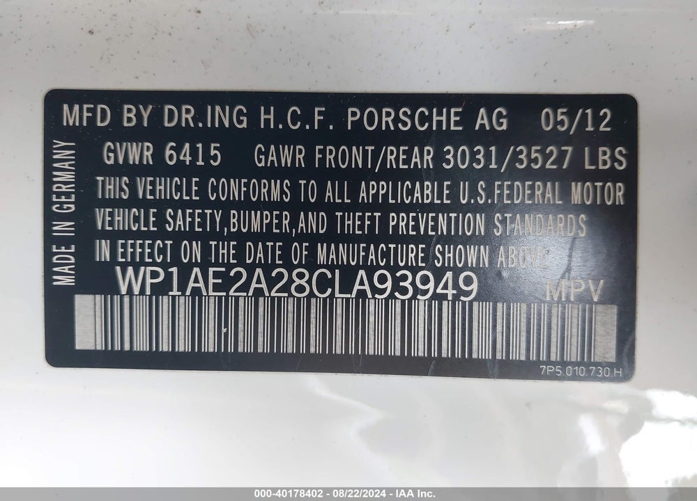 2012 PORSCHE CAYENNE HYBRID S VIN: WP1AE2A28CLA93949