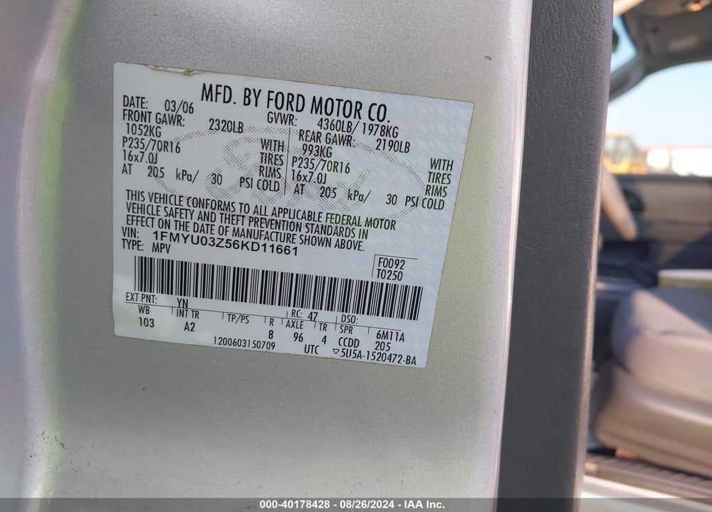 2006 FORD ESCAPE XLT VIN: 1FMYU03Z56KD11661