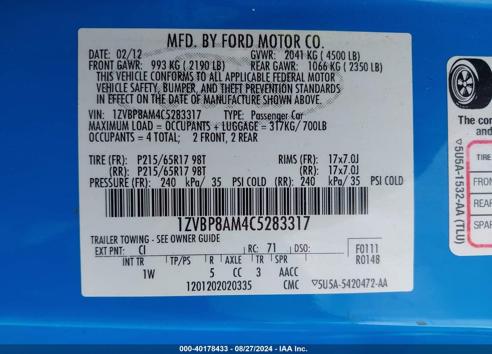 2012 FORD MUSTANG V6 VIN: 1ZVBP8AM4C5283317