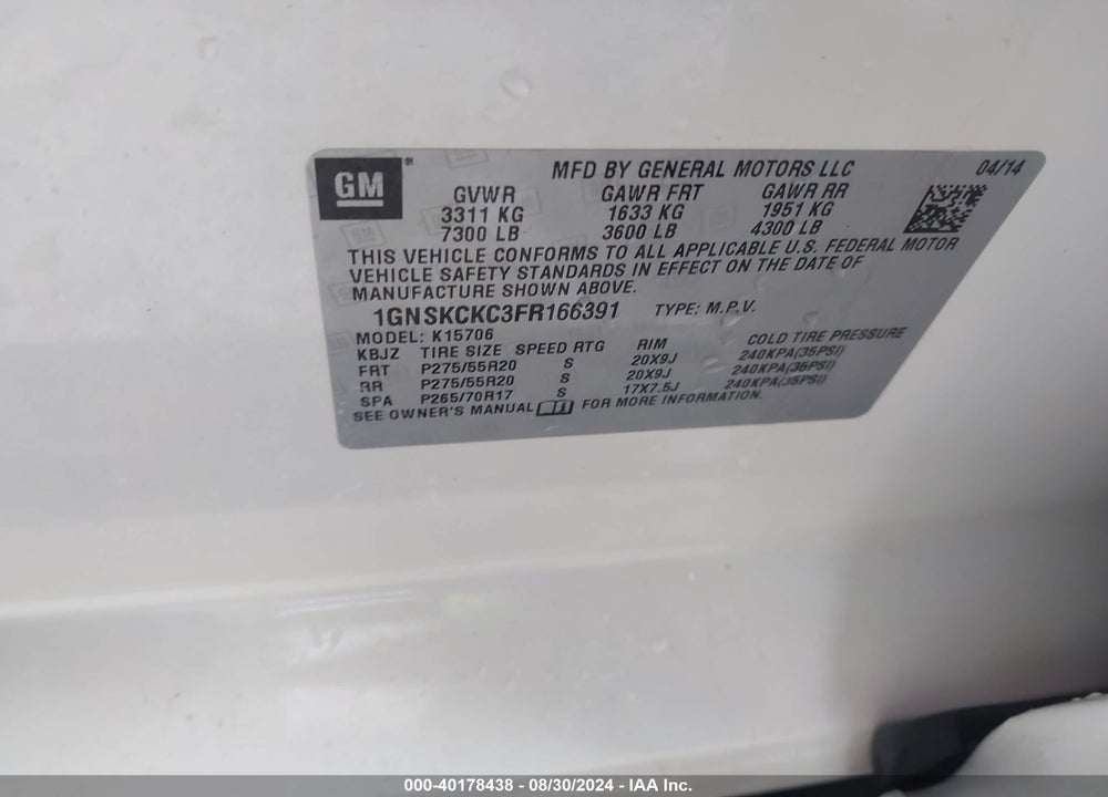 2015 CHEVROLET TAHOE LTZ VIN: 1GNSKCKC3FR166391