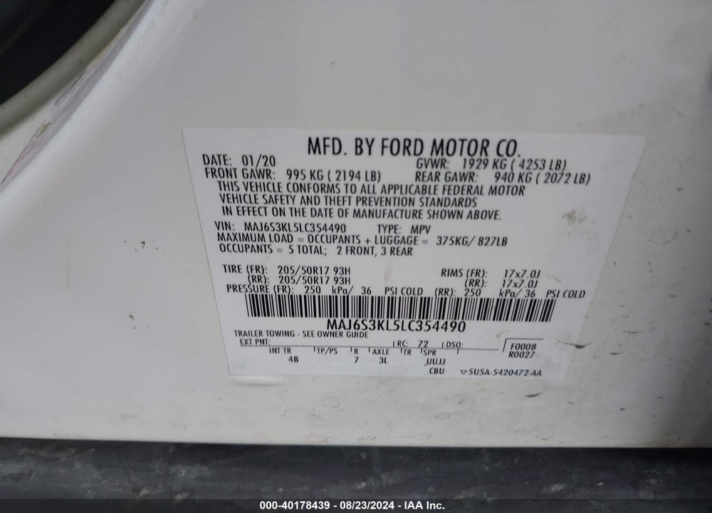 2020 FORD ECOSPORT TITANIUM VIN: MAJ6S3KL5LC354490