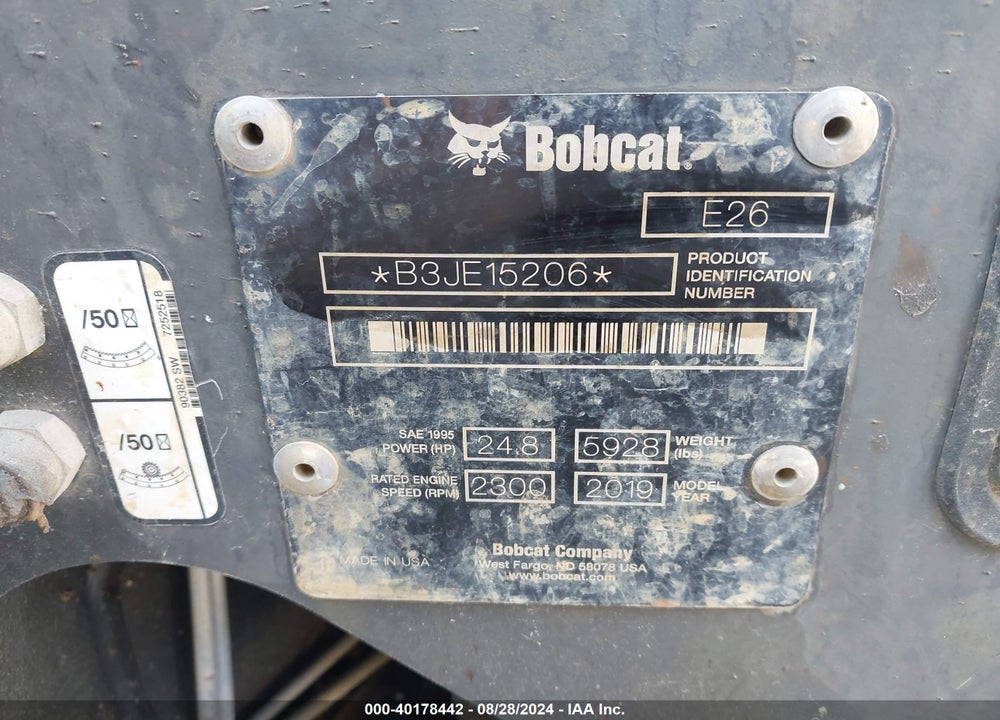 2019 BOBCAT E26 VIN: B3JE15206