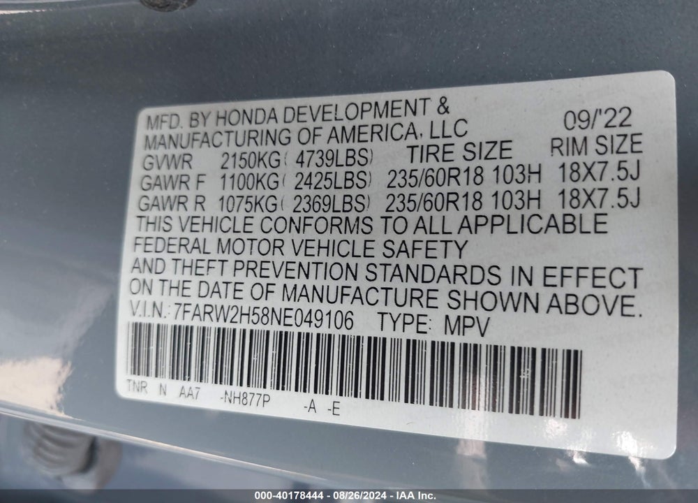 2022 HONDA CR-V AWD EX VIN: 7FARW2H58NE049106