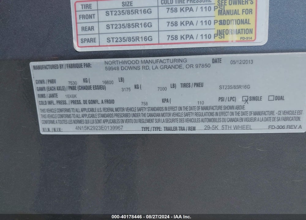 2014 NORTHWOOD ARTICFOX VIN: 4N15K2923E0139967