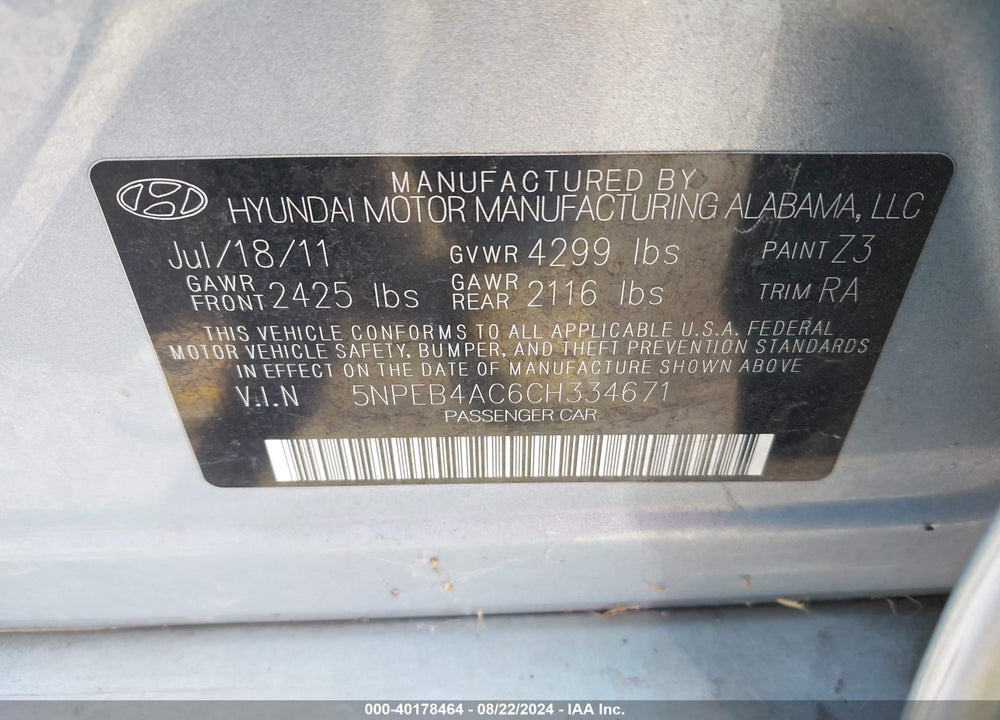 2012 HYUNDAI SONATA GLS VIN: 5NPEB4AC6CH334671