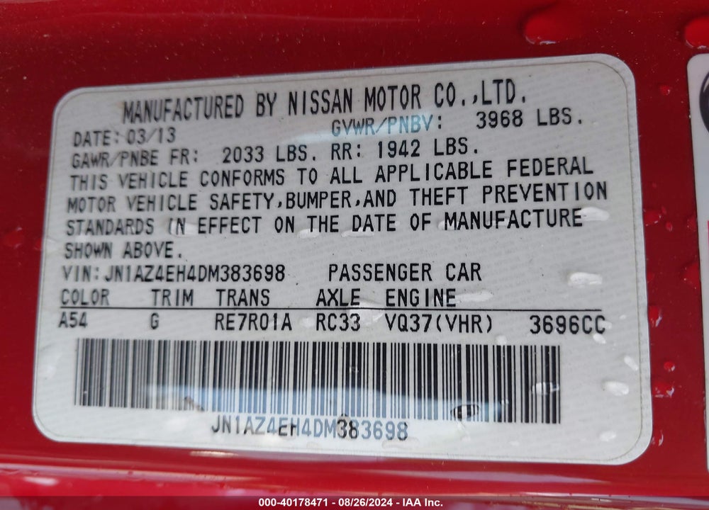 2013 NISSAN 370Z VIN: JN1AZ4EH4DM383698