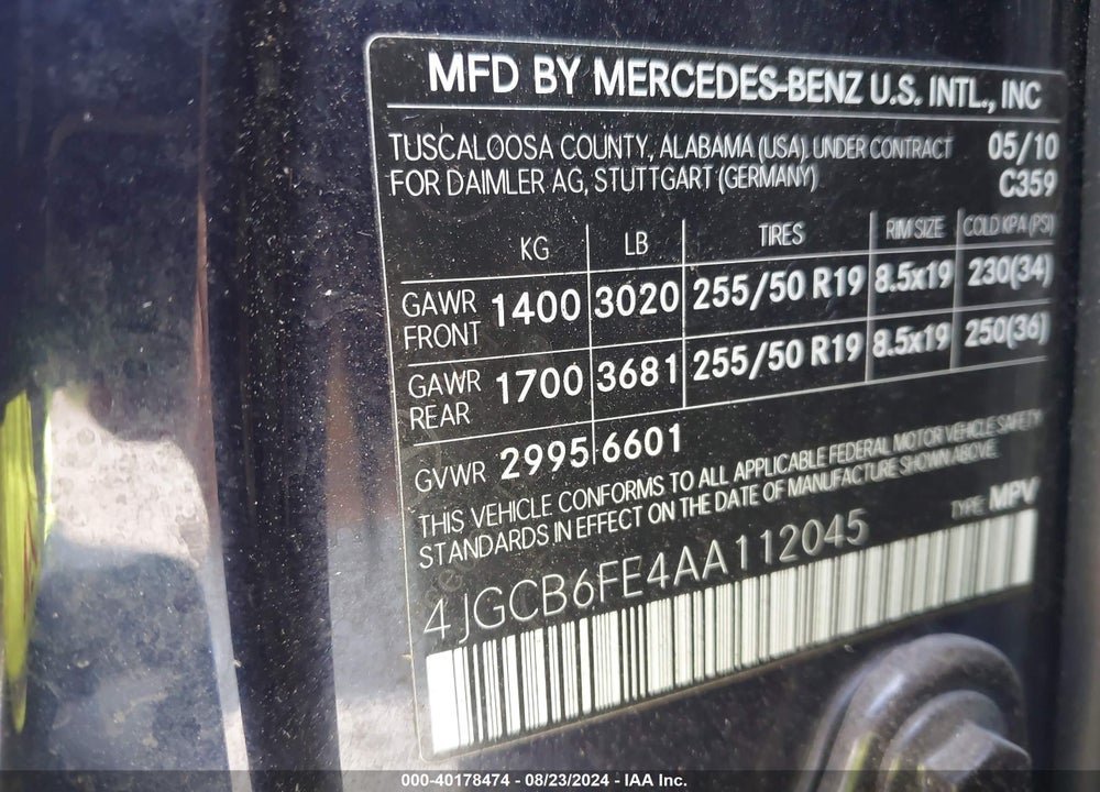 2010 MERCEDES-BENZ R 350 4MATIC VIN: 4JGCB6FE4AA112045