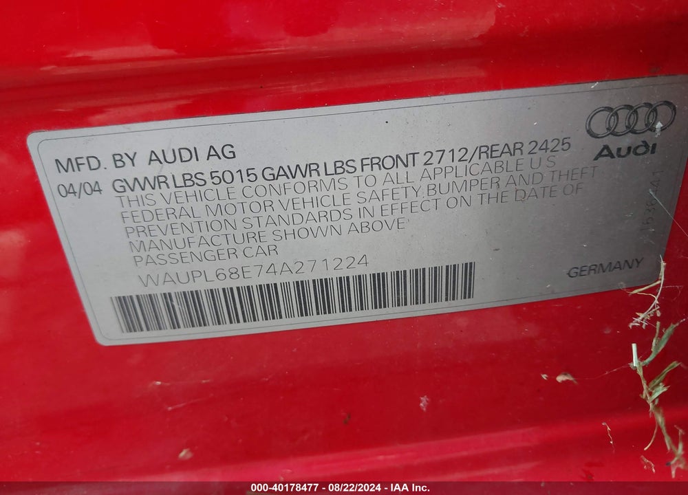 2004 AUDI S4 4.2 VIN: WAUPL68E74A271224