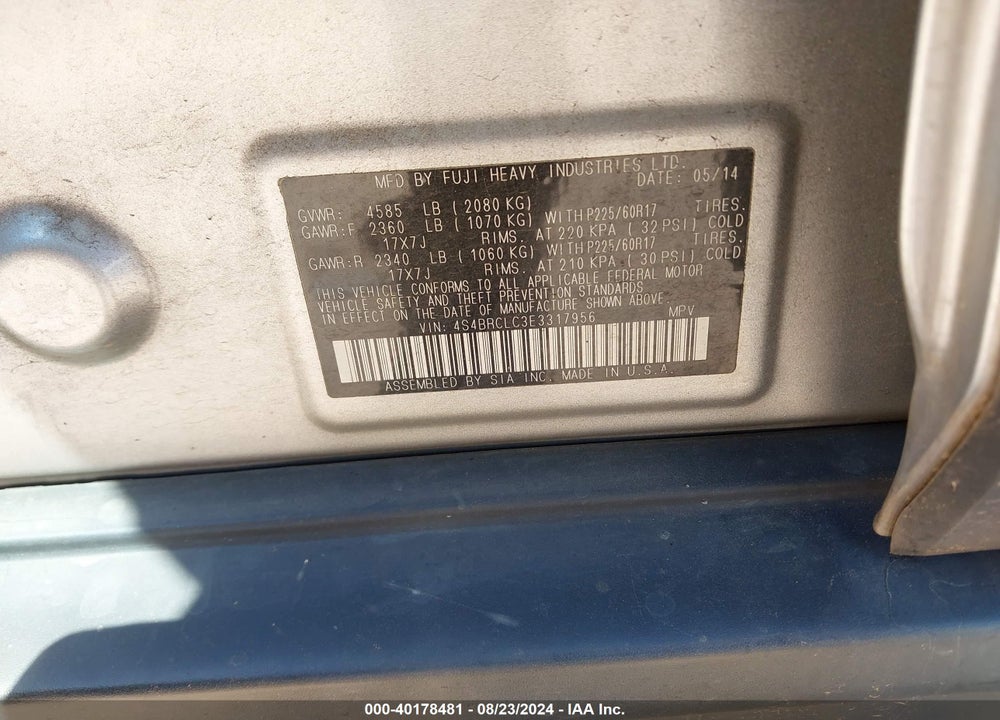 2014 SUBARU OUTBACK 2.5I LIMITED VIN: 4S4BRCLC3E3317956