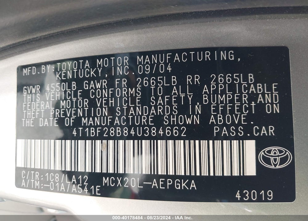 2004 TOYOTA AVALON XLS VIN: 4T1BF28B84U384662