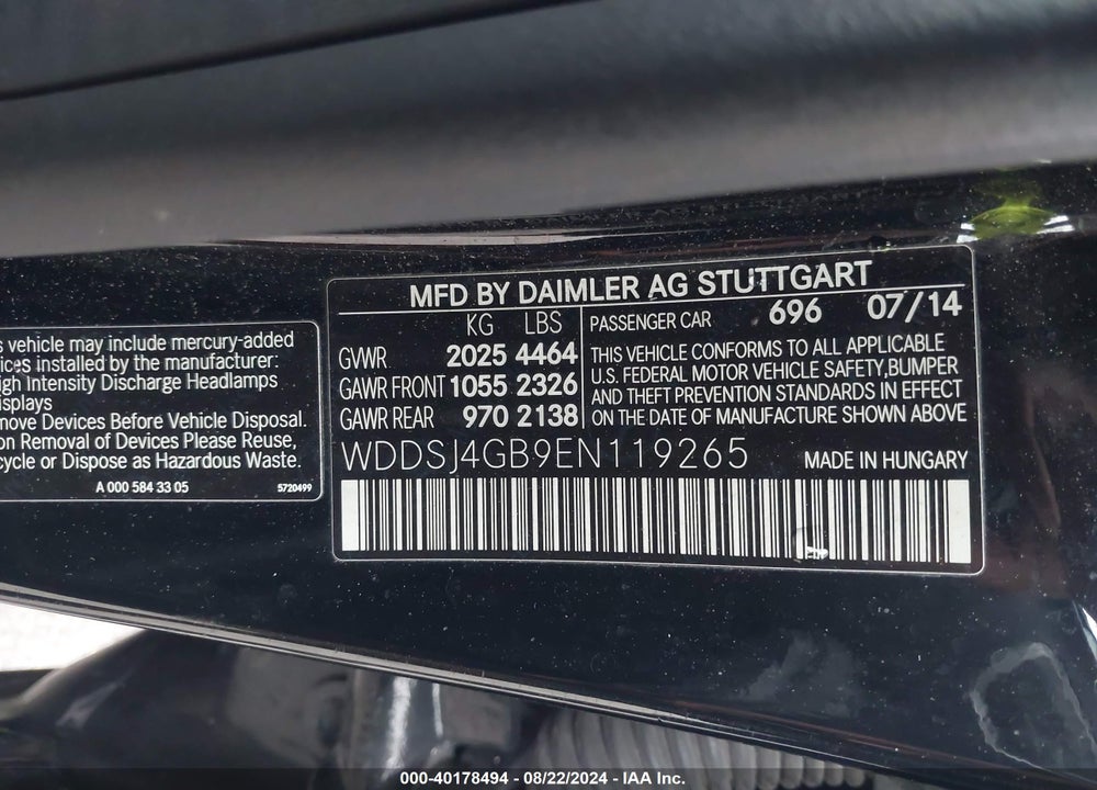2014 MERCEDES-BENZ CLA 250 4MATIC VIN: WDDSJ4GB9EN119265