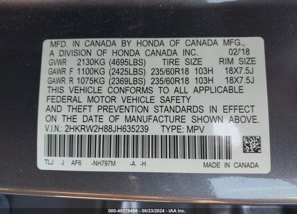 2018 HONDA CR-V EX-L/EX-L NAVI VIN: 2HKRW2H88JH635239