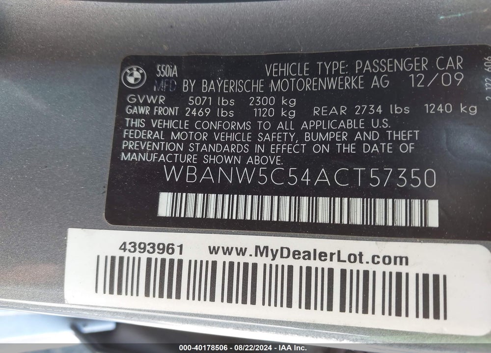 2010 BMW 550I VIN: WBANW5C54ACT57350