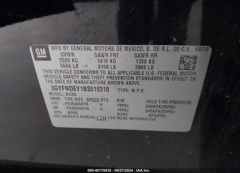 2011 CADILLAC SRX VIN: 3GYFNDEY1BS518318