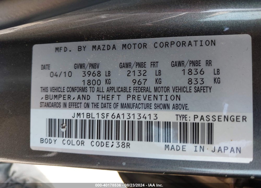 2010 MAZDA 3 I TOURING VIN: JM1BL1SF6A1313413