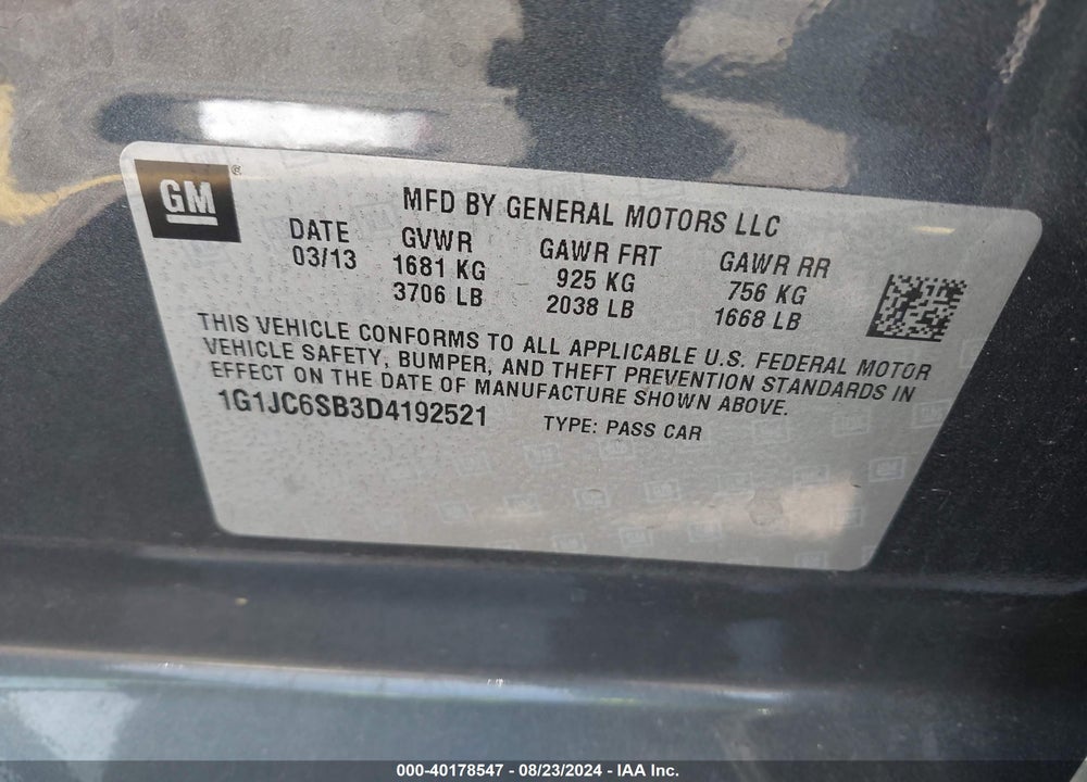 2013 CHEVROLET SONIC LT AUTO VIN: 1G1JC6SB3D4192521