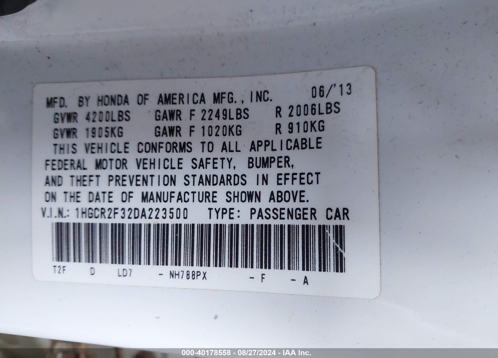 2013 HONDA ACCORD LX VIN: 1HGCR2F32DA223500