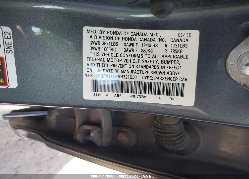 2010 HONDA CIVIC LX VIN: 2HGFA1F59AH321050