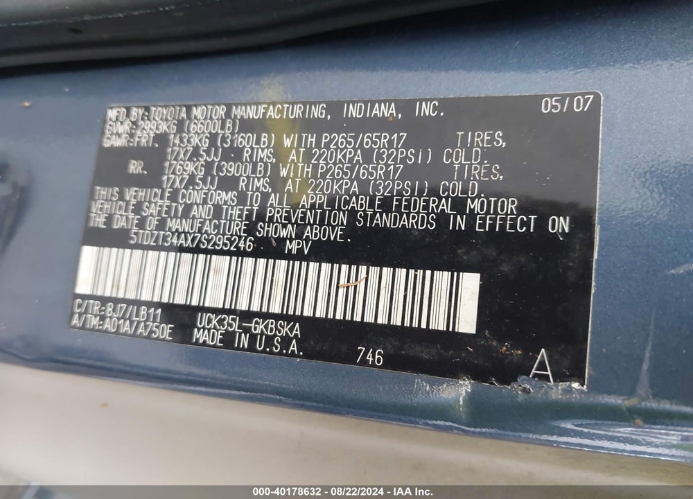 2007 TOYOTA SEQUOIA SR5 V8 VIN: 5TDZT34AX7S295246