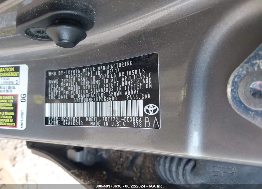 2017 TOYOTA COROLLA LE VIN: 5YFBURHE4HP668600