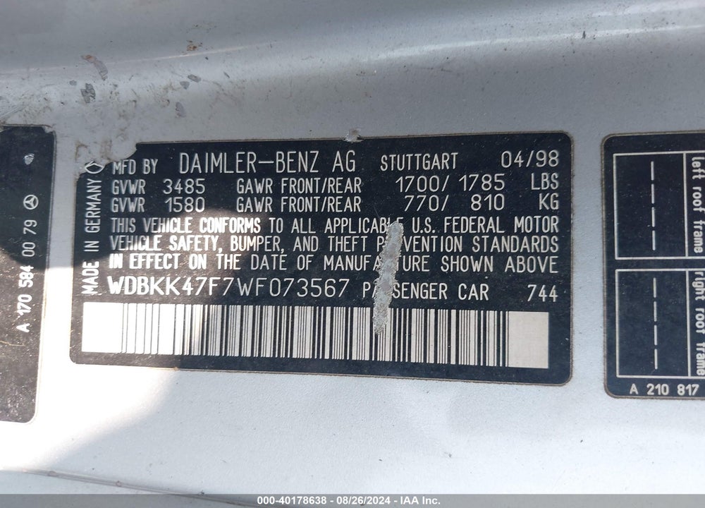 1998 MERCEDES-BENZ SLK 230 VIN: WDBKK47F7WF073567