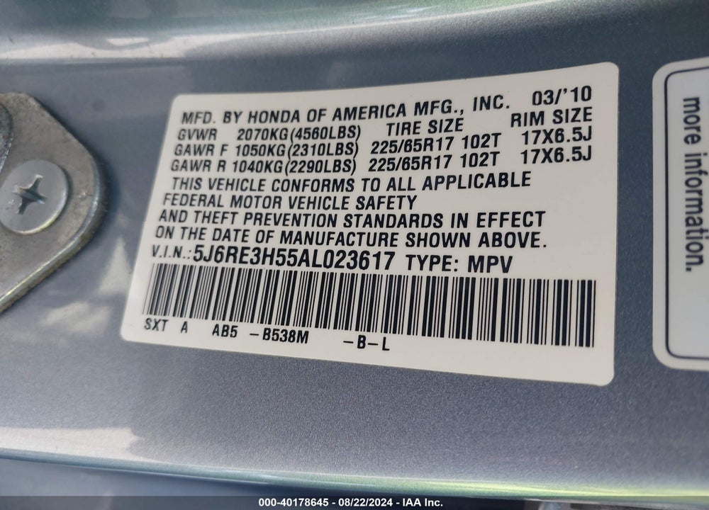 2010 HONDA CR-V EX VIN: 5J6RE3H55AL023617