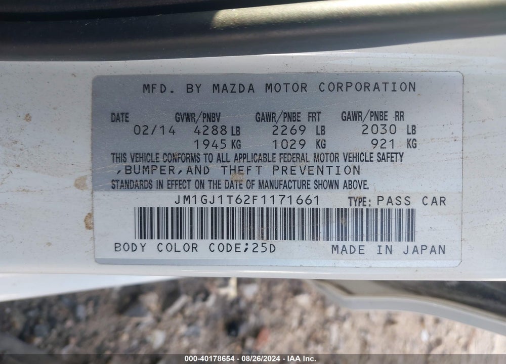 2015 MAZDA 6 I TOURING VIN: JM1GJ1T62F1171661
