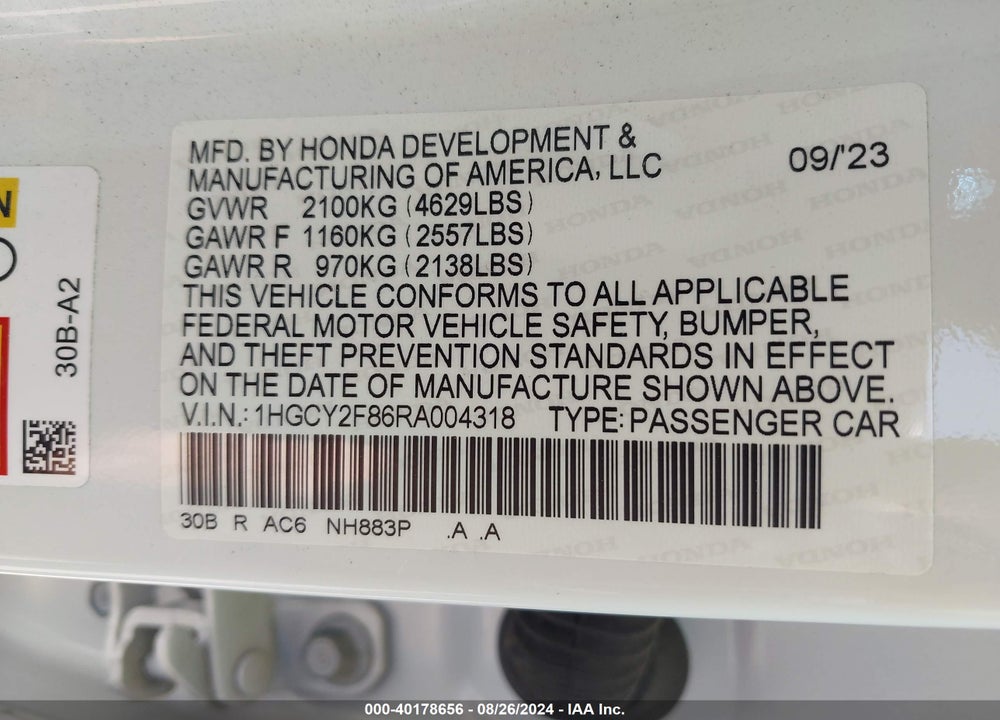2024 HONDA ACCORD HYBRID TOURING VIN: 1HGCY2F86RA004318