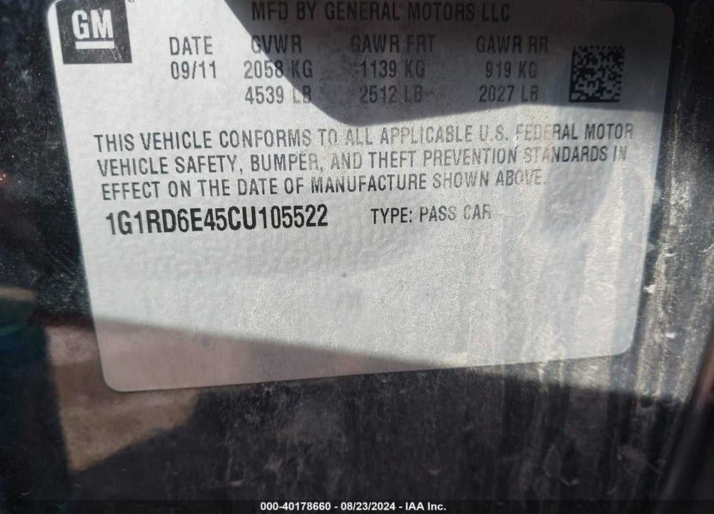 2012 CHEVROLET VOLT VIN: 1G1RD6E45CU105522