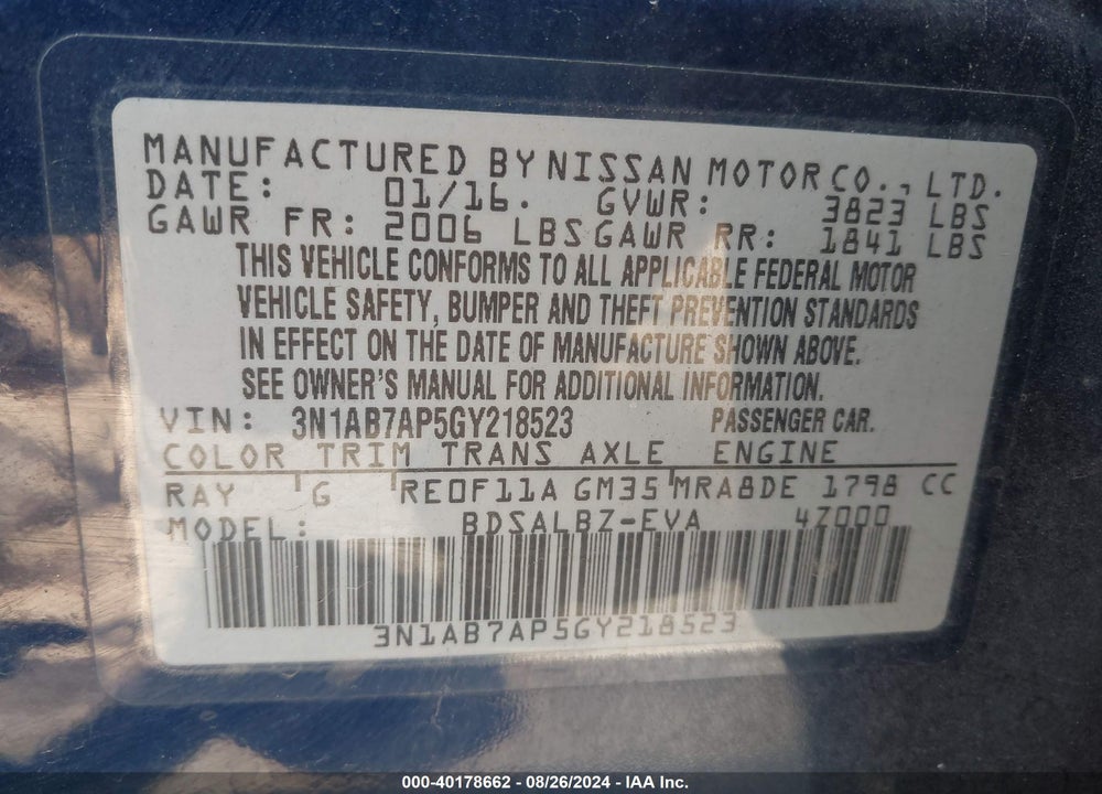 2016 NISSAN SENTRA FE+ S/S/SL/SR/SV VIN: 3N1AB7AP5GY218523