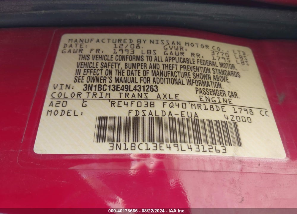 2009 NISSAN VERSA 1.8S VIN: 3N1BC13E49L431263