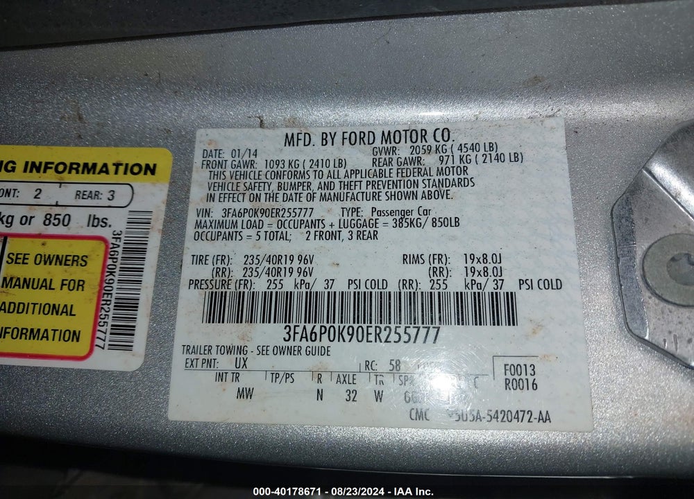 2014 FORD FUSION TITANIUM VIN: 3FA6P0K90ER255777