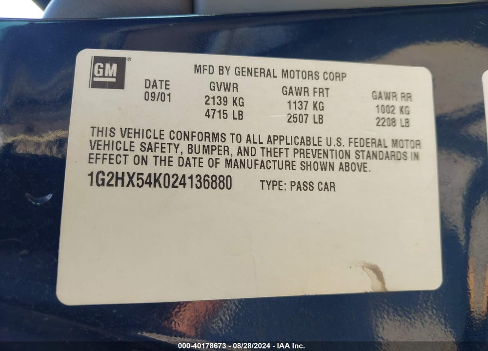 2002 PONTIAC BONNEVILLE SE VIN: 1G2HX54K024136880