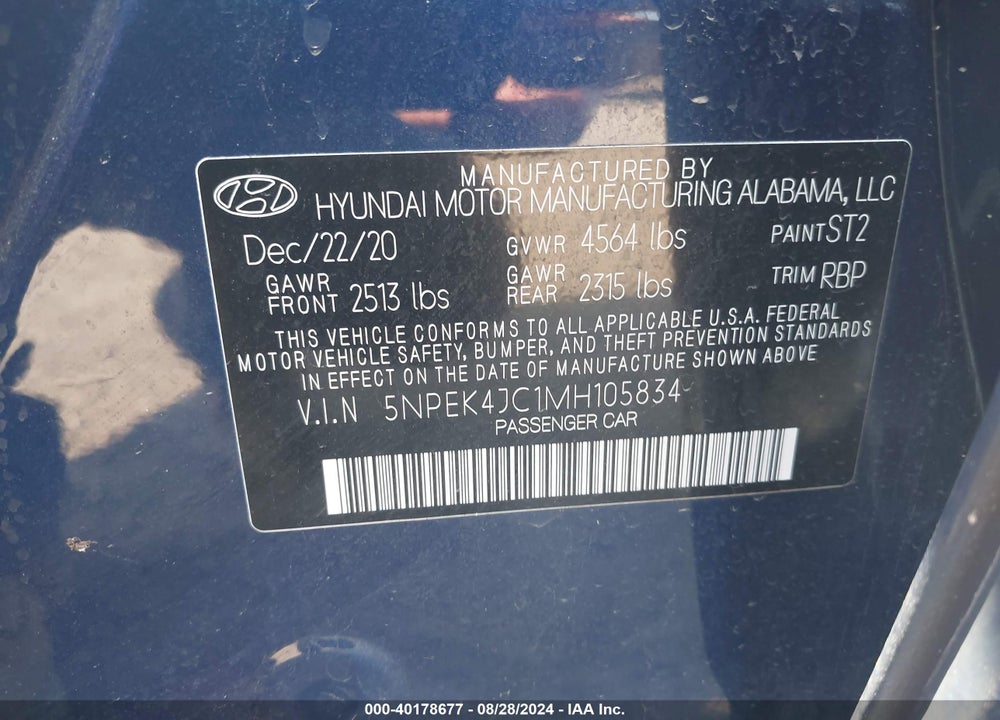2021 HYUNDAI SONATA VIN: 5NPEK4JC1MH105834