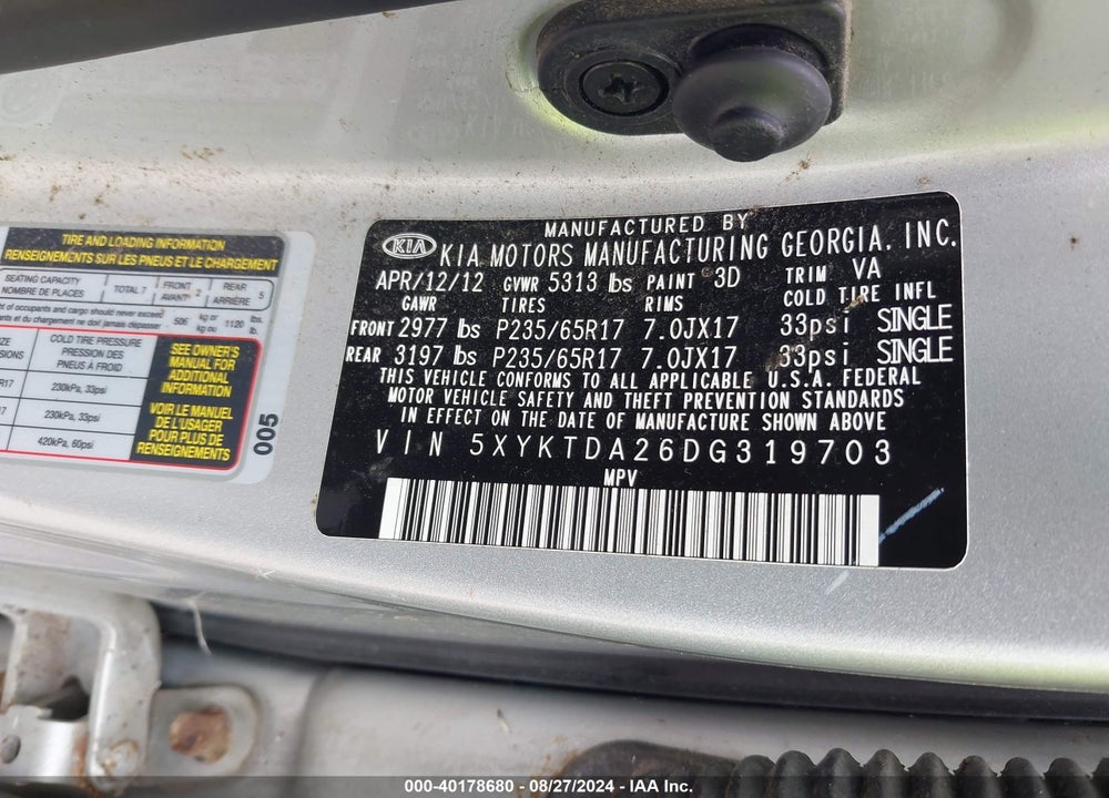 2013 KIA SORENTO LX V6 VIN: 5XYKTDA26DG319703
