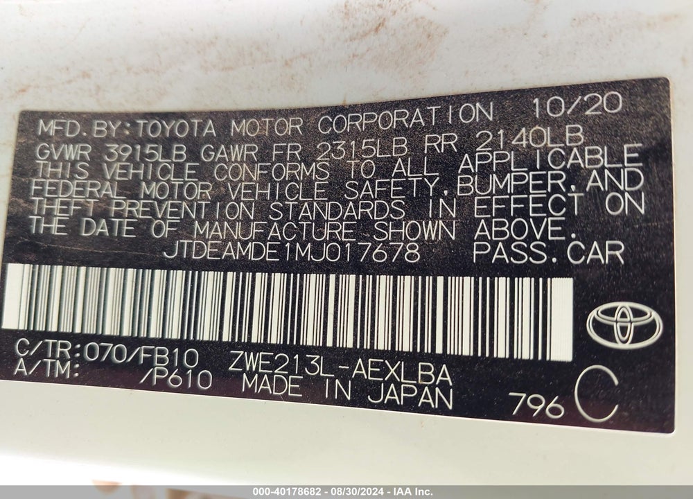 2021 TOYOTA COROLLA HYBRID LE VIN: JTDEAMDE1MJ017678