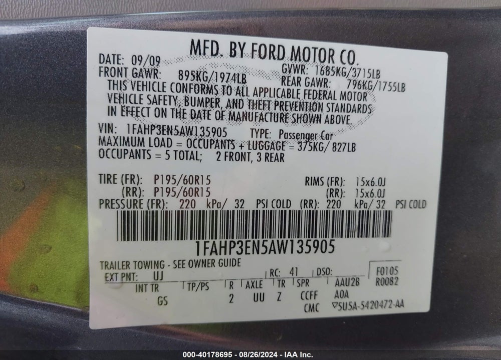 2009 FORD FOCUS S VIN: 1FAHP34N99W263125