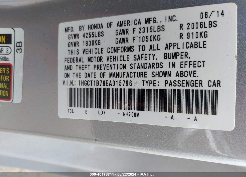 2014 HONDA ACCORD EX VIN: 1HGCT1B79EA015796