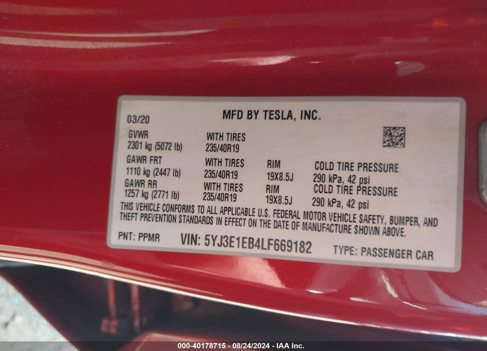 2020 TESLA MODEL 3 LONG RANGE DUAL MOTOR ALL-WHEEL DRIVE VIN: 5YJ3E1EB4LF669182