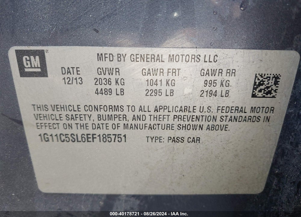2014 CHEVROLET MALIBU 1LT VIN: 1G11C5SL6EF185751