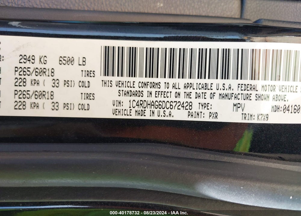2013 DODGE DURANGO SXT VIN: 1C4RDHAG6DC672428