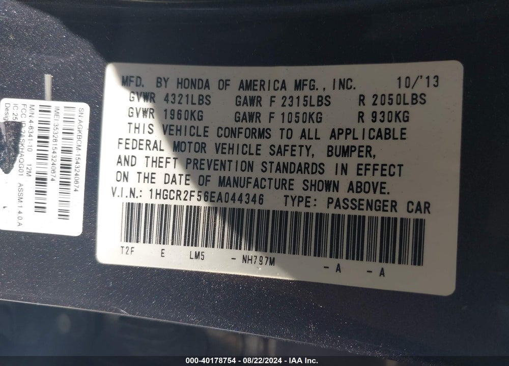 2014 HONDA ACCORD SPORT VIN: 1HGCR2F56EA044346